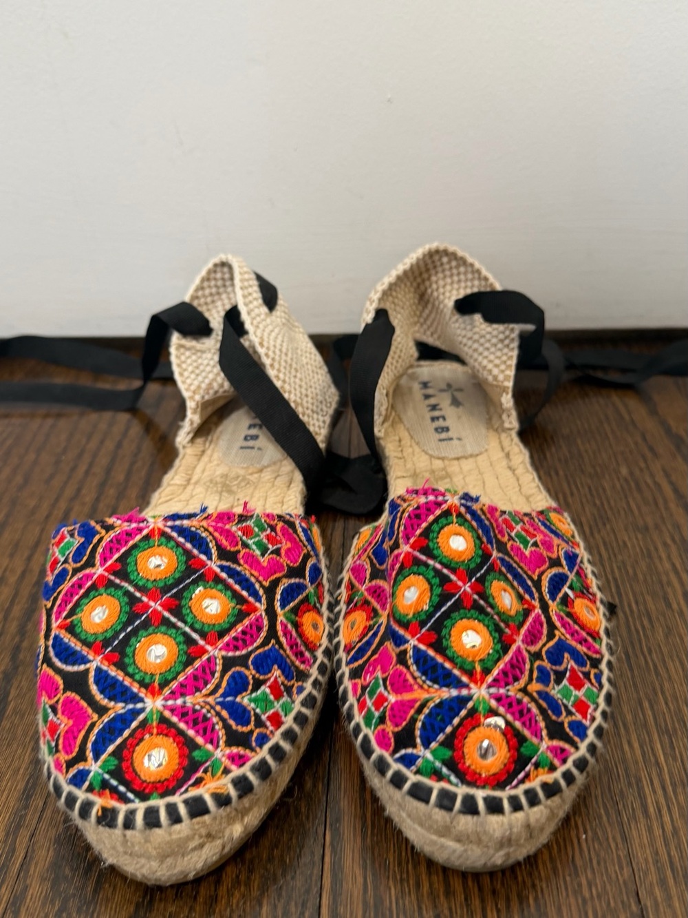 Hand-Embroidered Multicolor Espadrille Flats with Black Ankle Tie